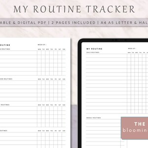 May include: Printable routine tracker in PDF format. The tracker has two pages, one for daily routines and one for weekly routines. The daily routine page has sections for morning, afternoon, evening, and night routines. The weekly routine page has a section for weekly routines. The tracker is designed to help you stay organized and on track with your daily and weekly routines.