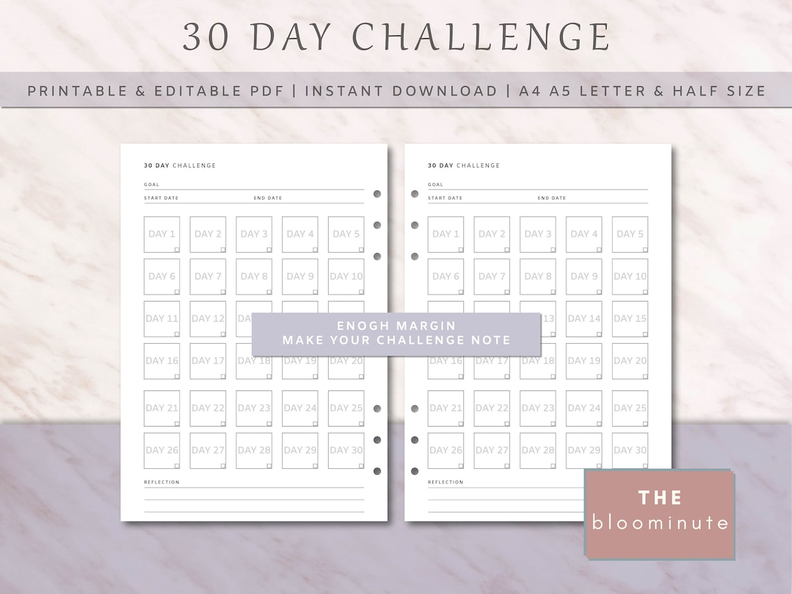 Editable 30 Day Challenge Tracker, Goal Tracker, A4, A5, Letter, Half ...