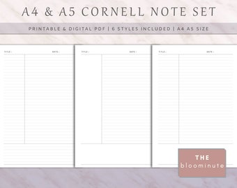 Ink Friendly Printable Cornell Note Kit | Lecture Note Taking For School, College Student | A4 A5 Size PDF Instant Download | Notebook Paper