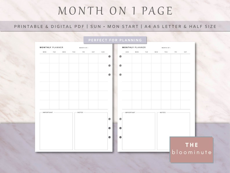 Undated Monthly Planner Printable, Simple Calendar, Month on 1 Page, A4 ...
