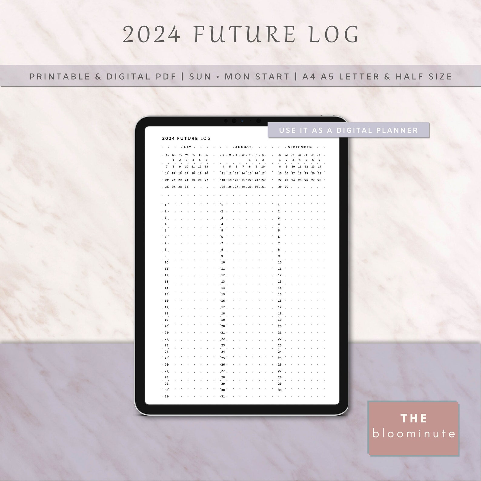 2024 Future Log Printable, Yearly Overview, Year on 4 Pages, Minimalist ...