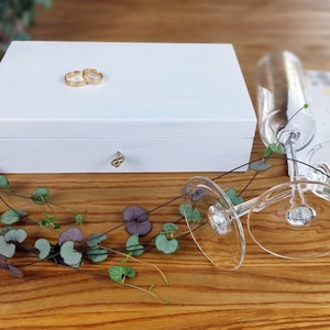 Caja de madera blanca con cerradura, tapa y llave, cofre de almacenamiento, recuerdo secreto de boda, caja de recuerdos sin terminar, joyero, caja de madera rústica