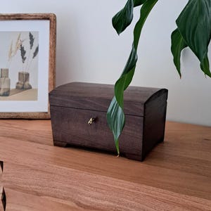 Può includere: Un forziere in legno marrone scuro con la parte superiore curva e una piccola chiusura color oro. Il forziere è su una superficie di legno. Un'immagine incorniciata e una pianta verde sono sullo sfondo.