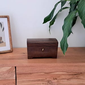 Può includere: Una piccola scatola di legno marrone scuro con la parte superiore curva e una piccola serratura dorata. La scatola è su una superficie di legno, con un'immagine incorniciata e una pianta verde sullo sfondo. La scatola viene probabilmente utilizzata per riporre piccoli oggetti.