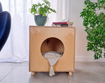 Katzentoilette, personalisiertes Katzenhaus, Katzenkiste aus Holz, Haustierhaus, Haustiermöbel aus Sperrholz, Katzenhöhle, Stimmung für Katzen, Platz für Katzen