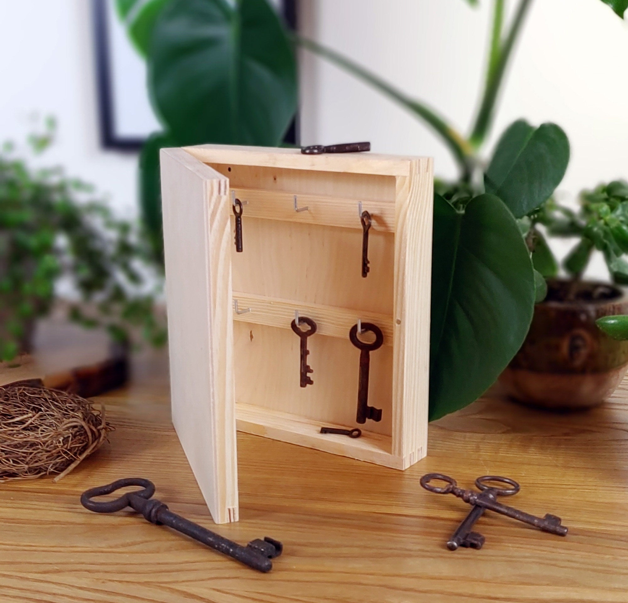 Natural Wooden White Key Box, Hanging Key Box, Key Hooks, Rustic