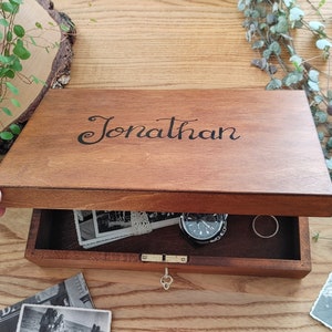 Personalized Lockable Natural Wooden Box with Lid and Key, Storage Chest Keepsake, Memory Photo Box, Jewelry Box for Men, Custom Rustic Box