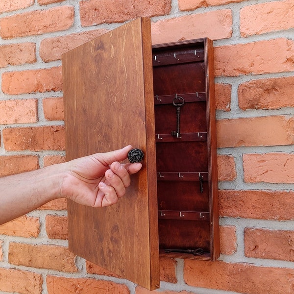 Extra große 35-Schlüssel-Box aus natürlichem Holz, hängender Schlüssel-Organizer, 35 Schlüsselhaken, handgefertigter Wandschrank aus Holz, Schlüsselaufbewahrung, Geschenk zur Wohnungserwärmung