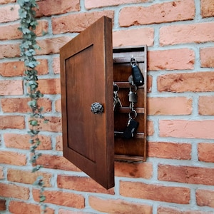 Walnut Dark Shutters Natural Wooden Family Big Key Box, Hanging Key Box, Key Hooks, Rustic Cay Cabinet, Key Storage, Keys, Housewarming Gift