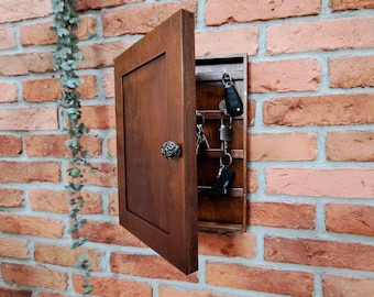 Walnut Dark Shutters Natural Wooden Family Big Key Box, Hanging Key Box, Key Hooks, Rustic Cay Cabinet, Key Storage, Keys, Housewarming Gift