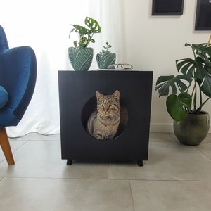Cat litter box enclosure with litter box and spatula, Modern pet house, Wooden cat box, Plywood pet furniture, Mood for cats, Space for cats