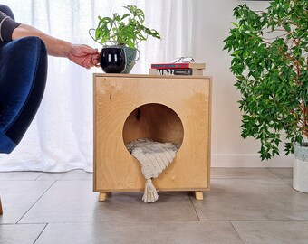 Cat litter box enclosure with litter box and spatula, Modern pet house, Wooden cat box, Plywood pet furniture, Mood for cats, Space for cats