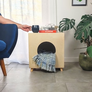 Cat litter box enclosure with litter box and spatula, Modern pet house, Wooden cat box, Plywood pet furniture, Mood for cats, Space for cats