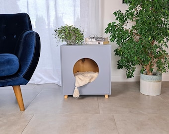 Cat litter box enclosure with litter box and spatula, Modern pet house, Wooden cat box, Plywood pet furniture, Mood for cats, Space for cats