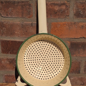 Vintage enamel sieve beige-green kitchen decoration country house sieve, colander, strainer with handle - enamel - kitchen decoration, country house kitchen