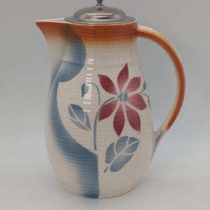 Art Deco vintage cocoa pot, spray decor floral red blue, 30s 1L