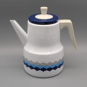 Metal jug white-blue, 70s, decoration, vintage