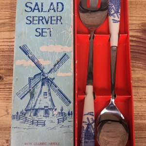 Salatbesteck mit Keramikgriffen Holländische Windmühlen blau-weiss Delfter Design Originalverpackt Bild 1