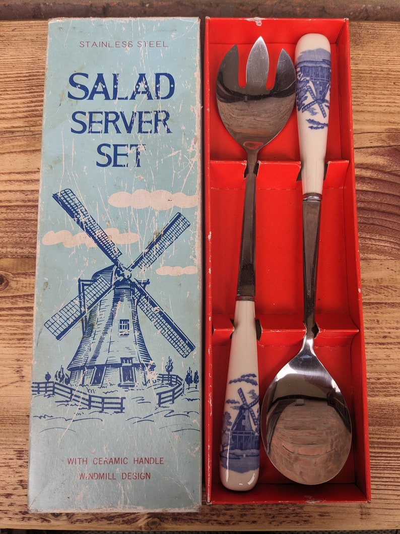 Salatbesteck mit Keramikgriffen Holländische Windmühlen blau-weiss Delfter Design Originalverpackt Bild 1