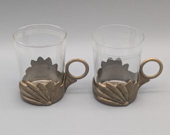 Brass Art Nouveau glass holders with glass, set of 2, vintage
