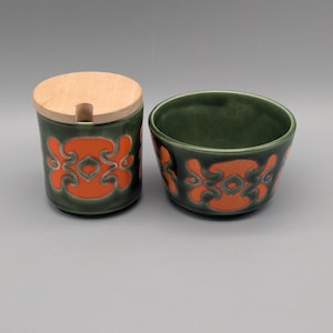 Vintage Schramberg jam pot / sugar bowl, green and orange, as a set