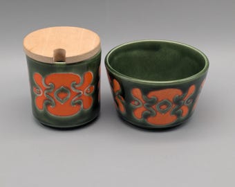 Vintage Schramberg jampot/suikerpot, groen en oranje, als set.