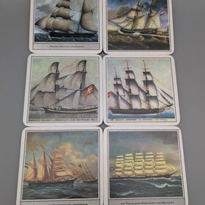 Glasunderlägg, segelfartyg, korkunderlägg av Schuberth Tamat-serien i originalförpackning, vintage från 1960-talet