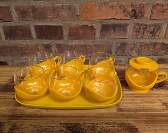6 Teegläser Punch Bowle 70er gelb inkl. Milchkännchen und Tablett