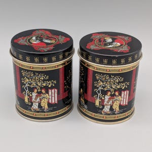 Vintage 2 in SET tea tin 80s Chinese tea tins black-red