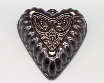 Scheurich cake tin, baking tin, heart-shaped with birds, ceramic - 1970s, number: 957-19, West Germany, country kitchen