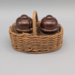 Vintage set salt pepper shakers brown beige ceramic wicker basket rustic MCM West Germany