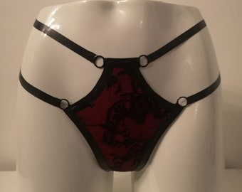 Latex Red and Black Lace Detail Thong