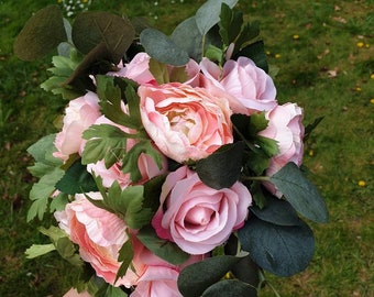 Artificial baby pink wedding bouquet with matching flower crown