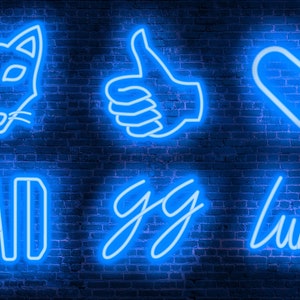 May include: Blue neon signs on a brick wall. The signs include a fox head, a thumbs up, a heart, the word "RAD", the letters "gg", and the word "lurk".