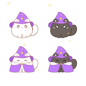 May include: Four cartoon cats wearing purple wizard hats with stars. Two cats are white and two cats are black. The cats are wearing purple capes.