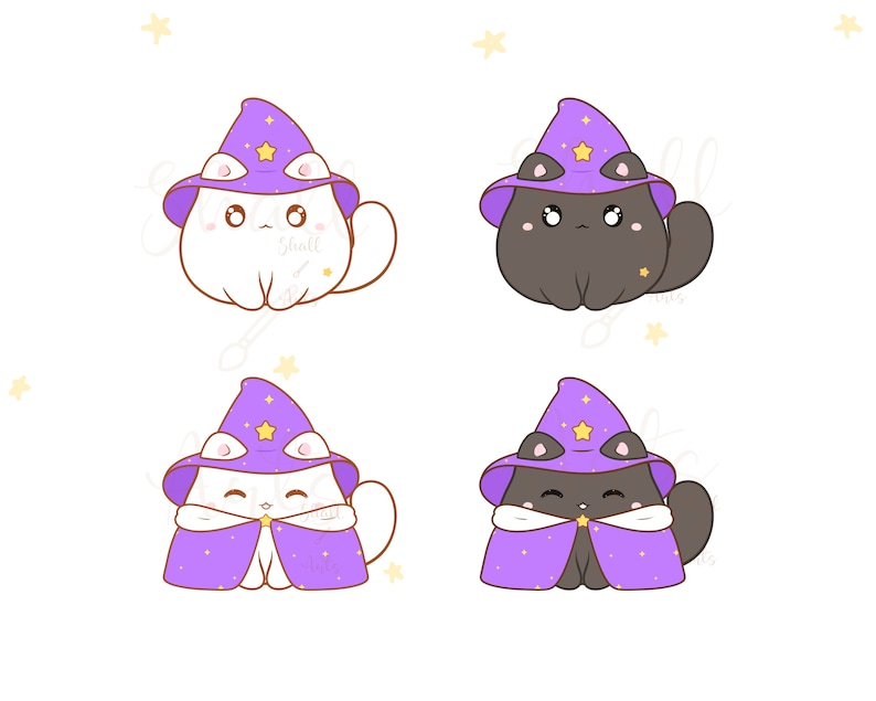 May include: Four cartoon cats wearing purple wizard hats with stars. Two cats are white and two cats are black. The cats are wearing purple capes.
