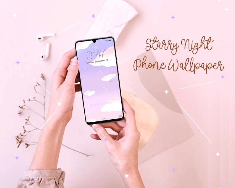 May include: A phone displaying a starry night wallpaper with a purple and pink gradient background and white clouds. The time is 3:47 and the date is Tuesday, September 10. The text "Starry Night Phone Wallpaper" is displayed above the phone.