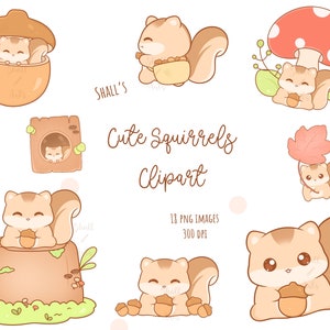 Clipart Kawaii scoiattolo, Scoiattolo PNG, Simpatico scoiattolo Clipart, Simpatico autunno clipart, Corande e scoiattoli, Inviti per feste, Uso commerciale