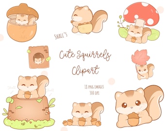 Kawaii squirrel Clipart, Squirrel PNG, Cute squirrel Clipart, Cute autumn clipart, Acorns and squirrels, Party Invitations, Commercial Use