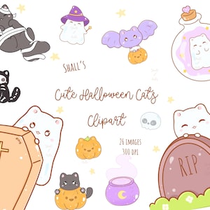 Op de afbeelding: Een set van 26 digitale clipart-afbeeldingen met schattige katten in verschillende kostuums en poses. De afbeeldingen zijn 300 DPI en bevatten een heks-kat, een mummie-kat, een skelet-kat, een spook-kat in een fles, een vleermuis-kat, een kat in een kist, een kat met een pompoen, een kat op een grafsteen en een kat in een ketel. De tekst "Shall's Cute Halloween Cats Clipart" is in de afbeelding opgenomen.