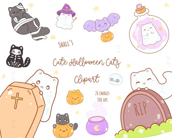 Cute Halloween cats clipart, Cat PNG, Cute Halloween clipart, Digital stickers, Autumn clipart, Cute Ghost clipart, Halloween, Black cat