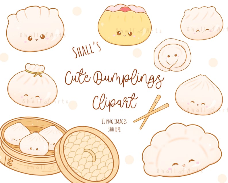 May include: A set of 11 digital clipart images featuring cute cartoon dumplings in various poses. The dumplings have smiling faces and are drawn in a simple, whimsical style. The clipart includes a variety of dumpling shapes, including traditional Chinese dumplings, potstickers, and steamed buns. The clipart is perfect for use in digital projects, such as scrapbooking, card making, and social media graphics.