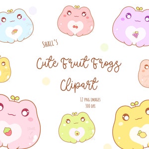 Kawaii Fruit Frogs Clipart, Frogs PNG, Cute Frog Clipart, Strawberry Frog, Planner stickers, Fruit Frogs, Peach Frog, Usage commercial