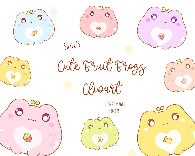 May include: Set of 12 digital clipart images featuring cute cartoon frogs with fruit-themed hearts. The frogs are in various colors, including pink, blue, yellow, green, and purple. Each frog has a different fruit in its heart, such as a strawberry, a grape, a peach, an avocado, and a lemon. The text "Cute Fruit Frogs Clipart" is written in brown cursive.