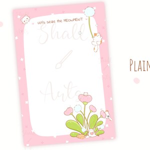 May include: Pink printable planner page with a pink border and white polka dots. The page has the text "Let's seize the meowment" and "Shall we" written in cursive. There are illustrations of cats and flowers.