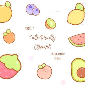Kawaii Fruits Clipart, Fruits PNG, Mignons Fruits Clipart, Fraise, Citron, Autocollants Planner, Pêche, Badges mignons clipart, Fruits clipart