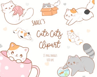 Cute cats clipart, Cat PNG, Cute cat playing clipart, Digital stickers, Printable stickers, Kawaii kittens, Kitty icons, Planners stickers