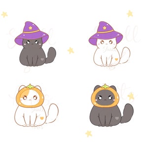Op de afbeelding: Vier cartoonkatten die Halloweenkostuums dragen. Twee katten dragen paarse heksenhoeden en twee katten dragen oranje pompoenkostuums. Alle katten hebben zwarte ogen en roze neuzen. De katten zitten op een witte achtergrond met gele sterren.