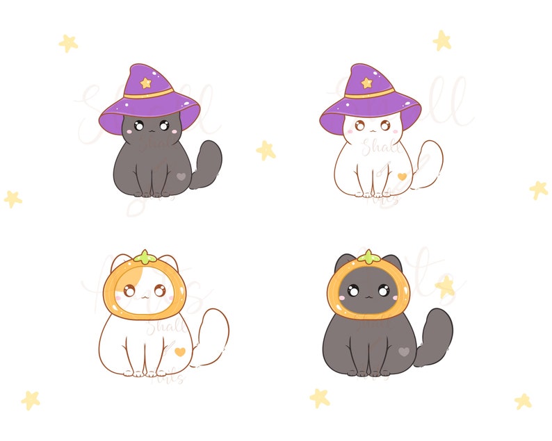 Op de afbeelding: Vier cartoonkatten die Halloweenkostuums dragen. Twee katten dragen paarse heksenhoeden en twee katten dragen oranje pompoenkostuums. Alle katten hebben zwarte ogen en roze neuzen. De katten zitten op een witte achtergrond met gele sterren.