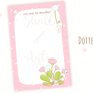 May include: Pink and white dotted planner page with a pink border. The page has a floral design with cats and the text "Let's seize the MEOWMENT Shall We".